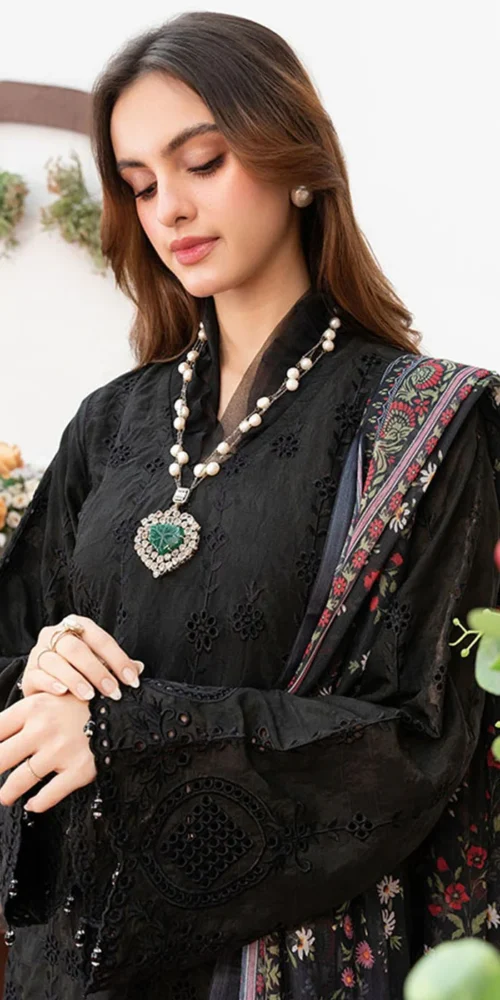 Black Luxury Embroidered 3Pc Lawn Suit - Merakish