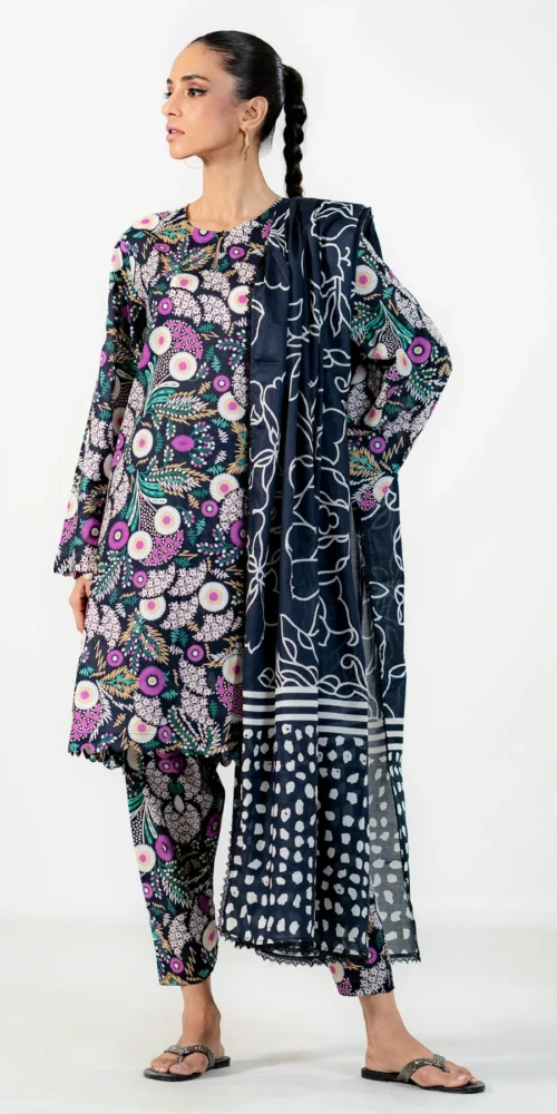 Unstitched Printed Lawn 3Pc - EGO Merriment