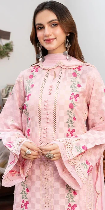 Light Pink Luxury Embroidered 3Pc Lawn Suit - Merakish